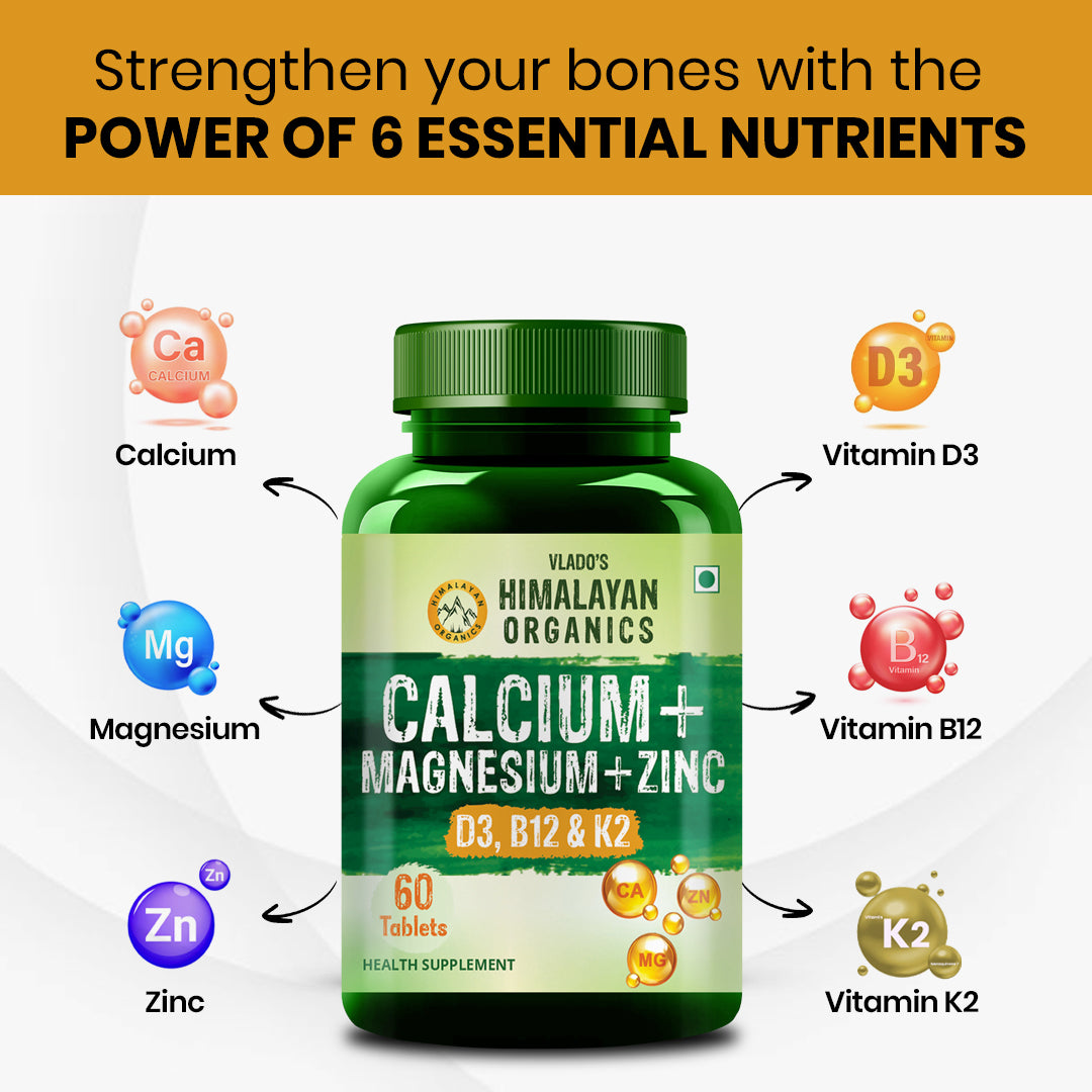 Vlado's Himalayan Organics Calcium Magnesium Zinc Vitamin D3 & B12- 60 Vegetarian Tablets