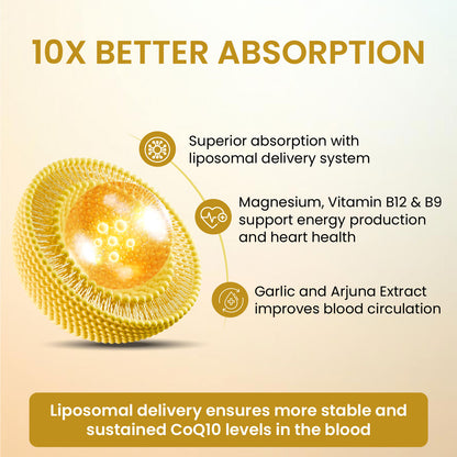 Vlado's Himalayan Organics Liposomal Coenzyme Q10 300mg+ with Magnesium, Vitamin B9 & B12, D-Chiro-Inositol, Garlic, Arjuna & Methyl Folate | High Absorption CoQ10 Ubiquinol Formula – 30 Capsules