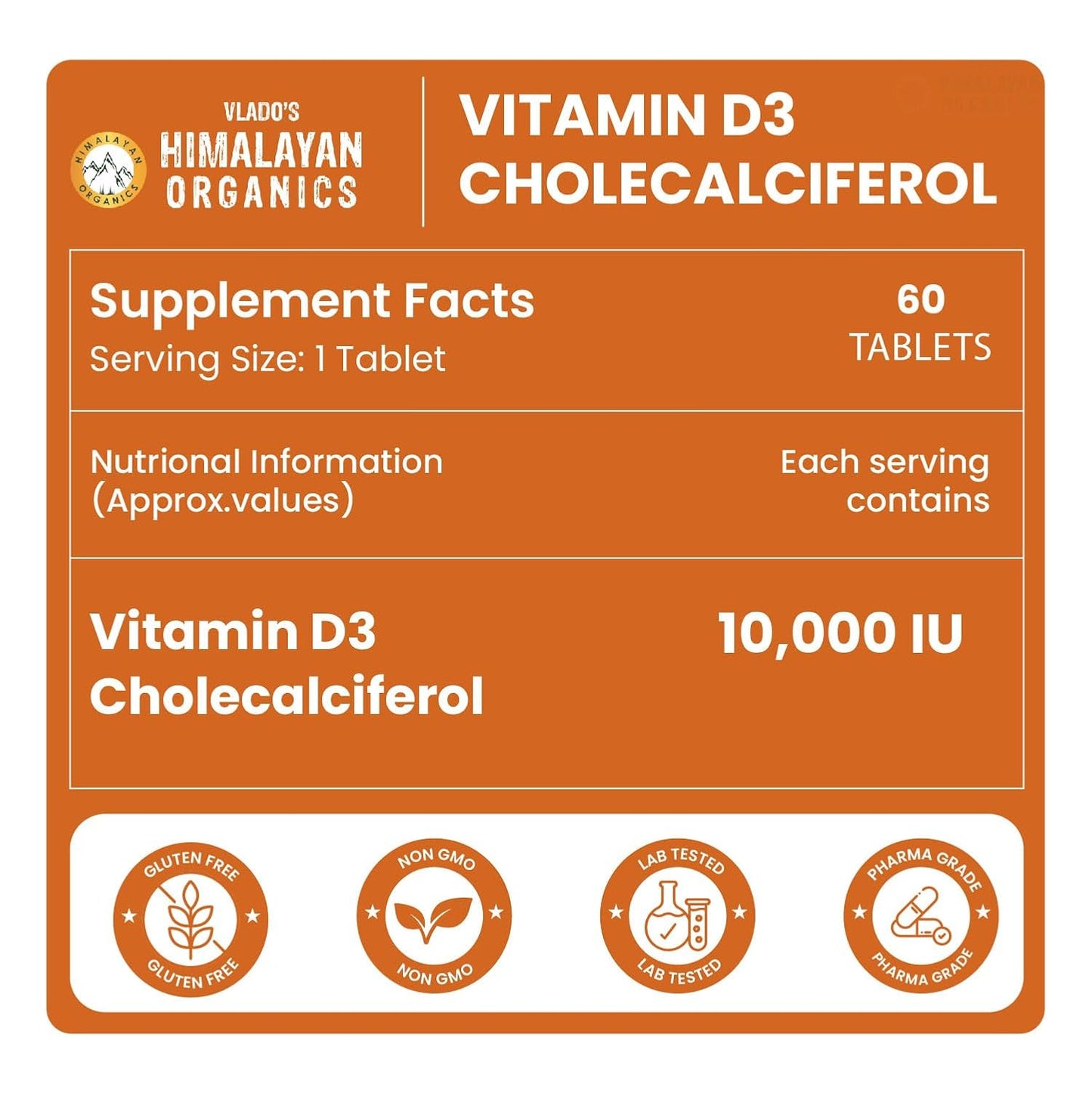 Vlado’s Himalayan Organics Vitamin D3 10,000 IU | Chewable Cholecalciferol Tablets | Vitamin D3 Supplement | Orange Flavour | 60 Tablets