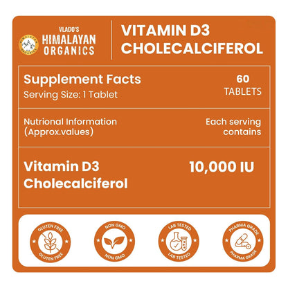 Vlado’s Himalayan Organics Vitamin D3 10,000 IU | Chewable Cholecalciferol Tablets | Vitamin D3 Supplement | Orange Flavour | 60 Tablets