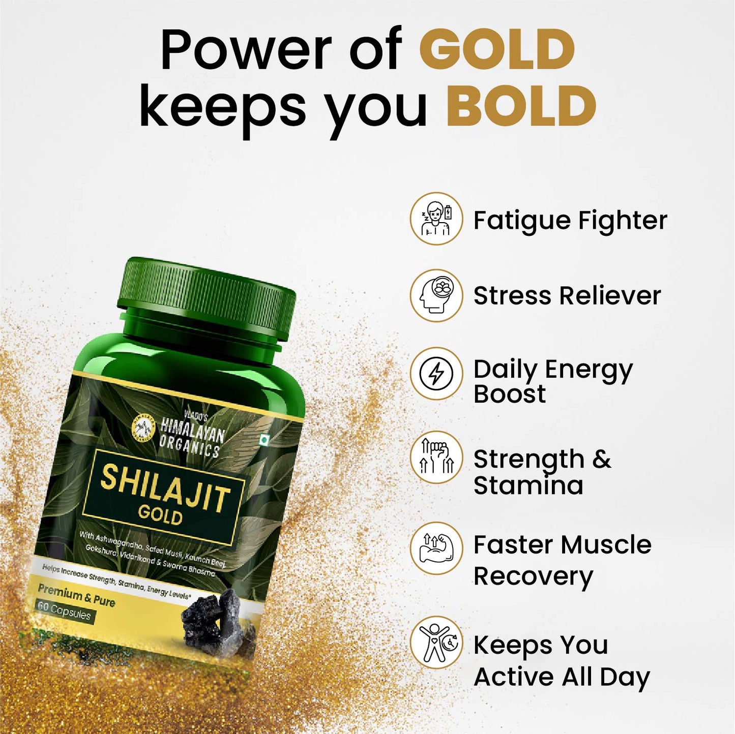 Vlado’s Himalayan Organics Shilajit Gold with Swarna Bhasma & 10+ Herbs | 60 Veg Capsules
