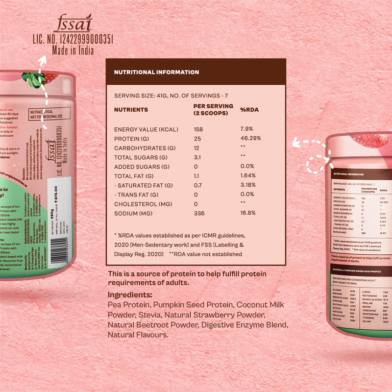 Origin Nutrition Plant Protein Powder Strawberry Flavour with 25g Protein Per Serving, 290g