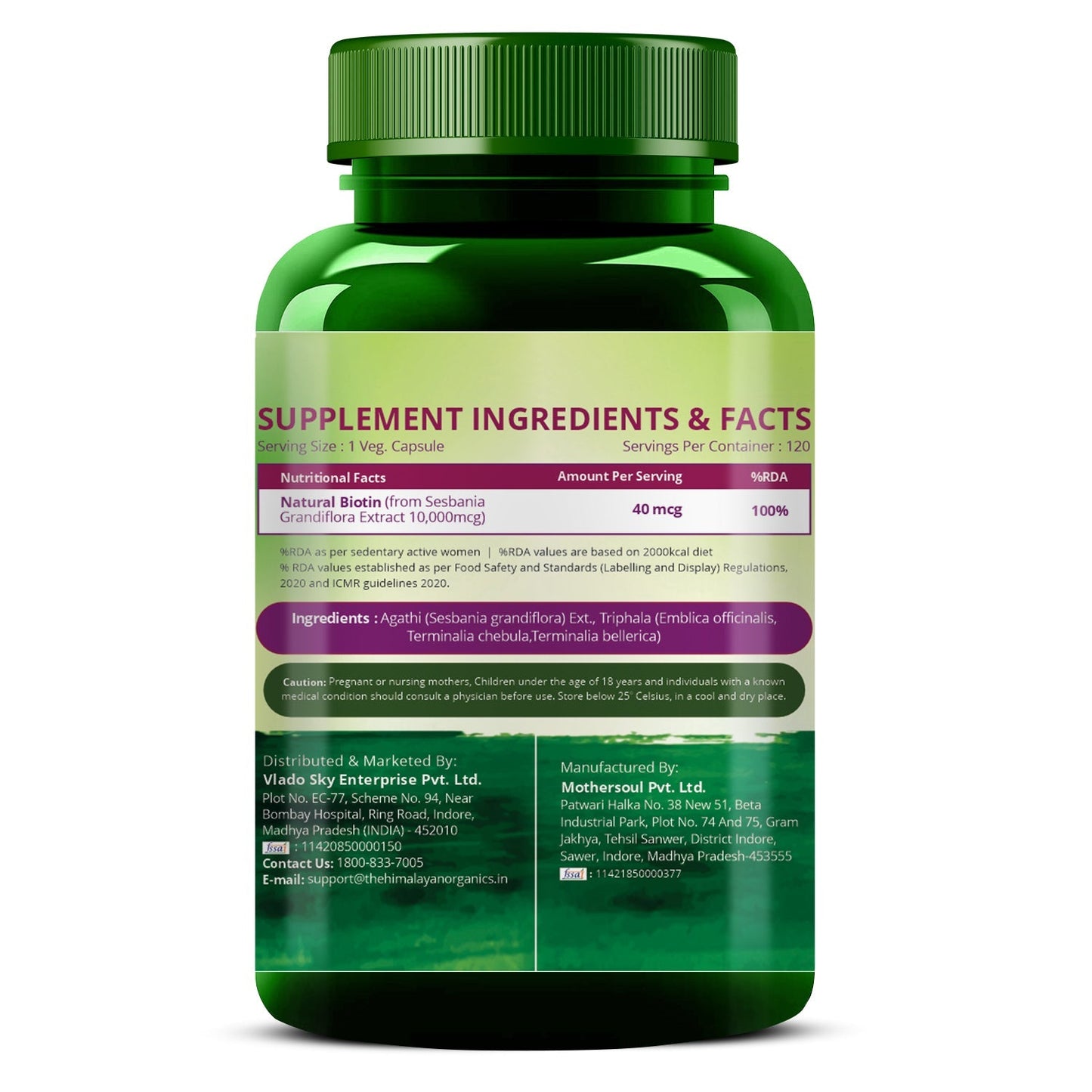 Vlado's Himalayan Organics Plant Based Biotin 10,000mcg/Serve- 120 Veg Capsules