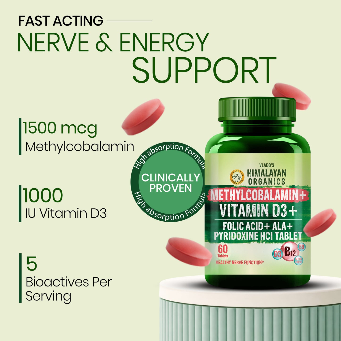 Vlado's Himalayan Organics Vitamin B12 1500 mcg with Vitamin D3 | Methylcobalamin, Alpha Lipoic Acid & Folic Acid | Dietary Supplement for Men & Women | 60 Tablets