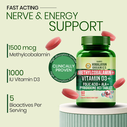 Vlado's Himalayan Organics Vitamin B12 1500 mcg with Vitamin D3 | Methylcobalamin, Alpha Lipoic Acid & Folic Acid | Dietary Supplement for Men & Women | 60 Tablets