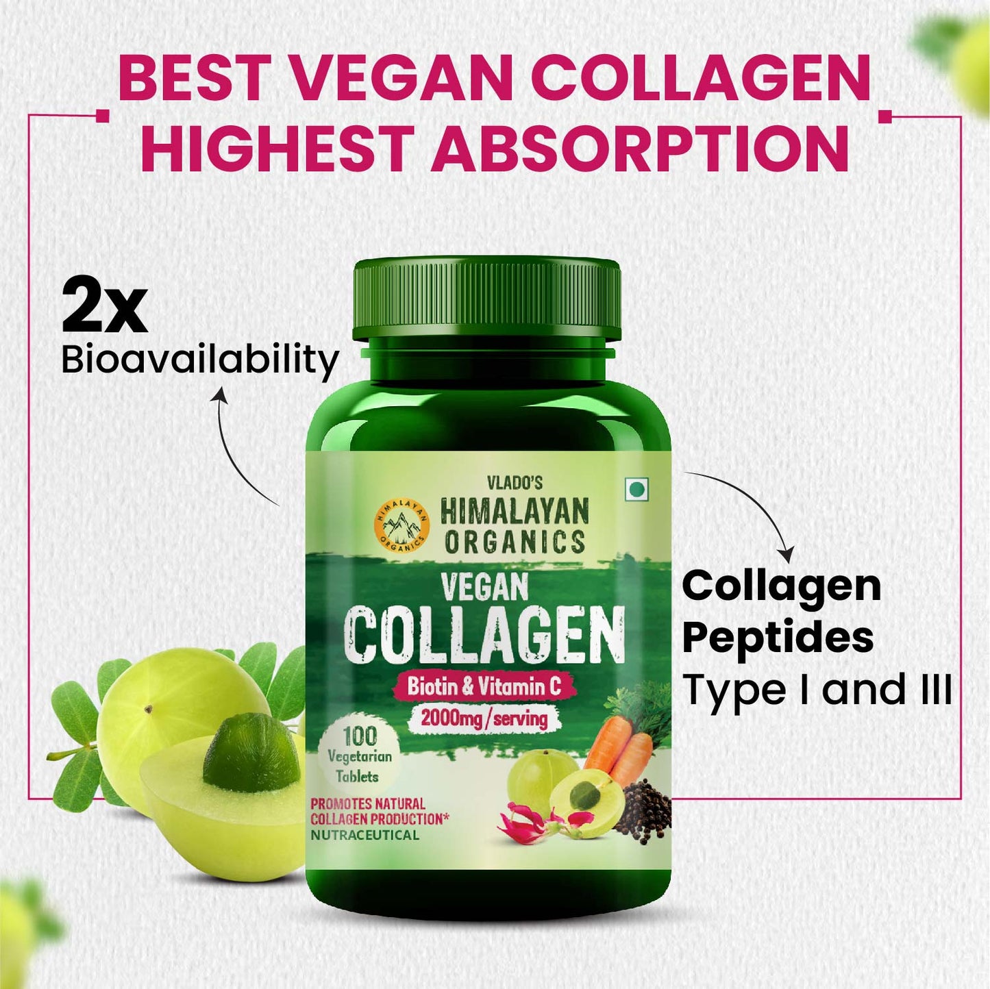 Vlado's Himalayan Organics Vegan Collagen 2000Mg With Biotin And Vitamin C  100 Veg Tablets