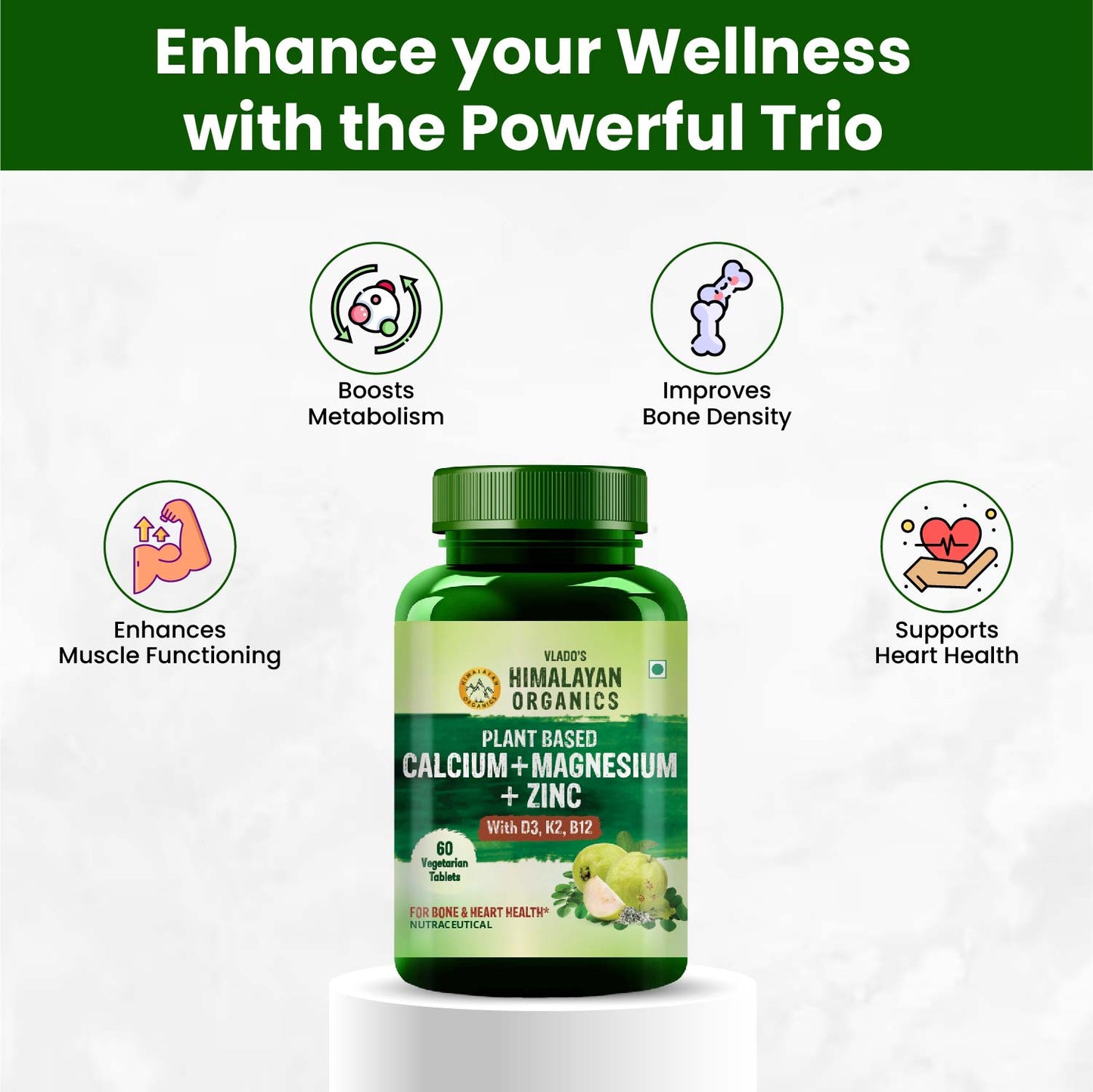 Vlado's Himalayan Organics Plant-Based Calcium, Magnesium & Zinc with Vitamin D3 & K2 – 60 Veg Tablets