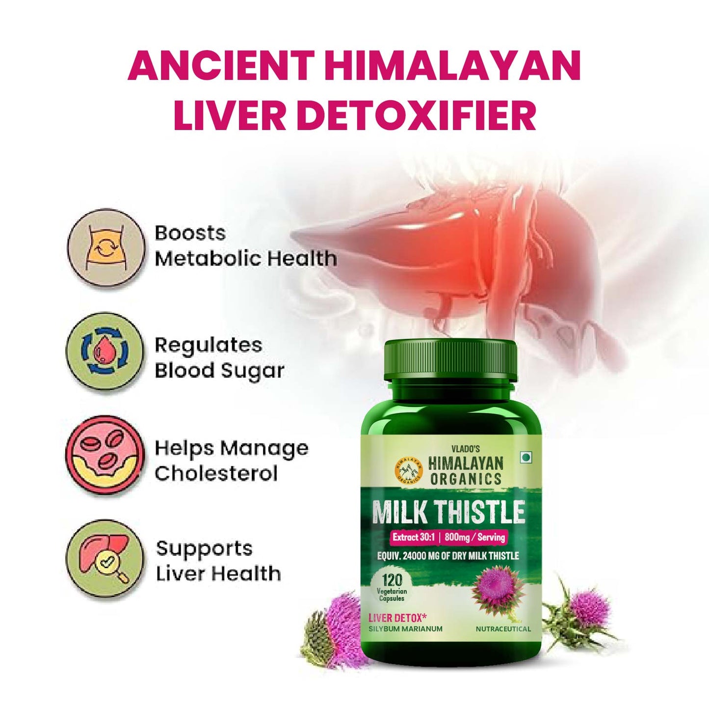 Vlado's Himalayan Organics Milk Thistle Extract Silymarin 800mg/Serve - 120 Veg Capsules