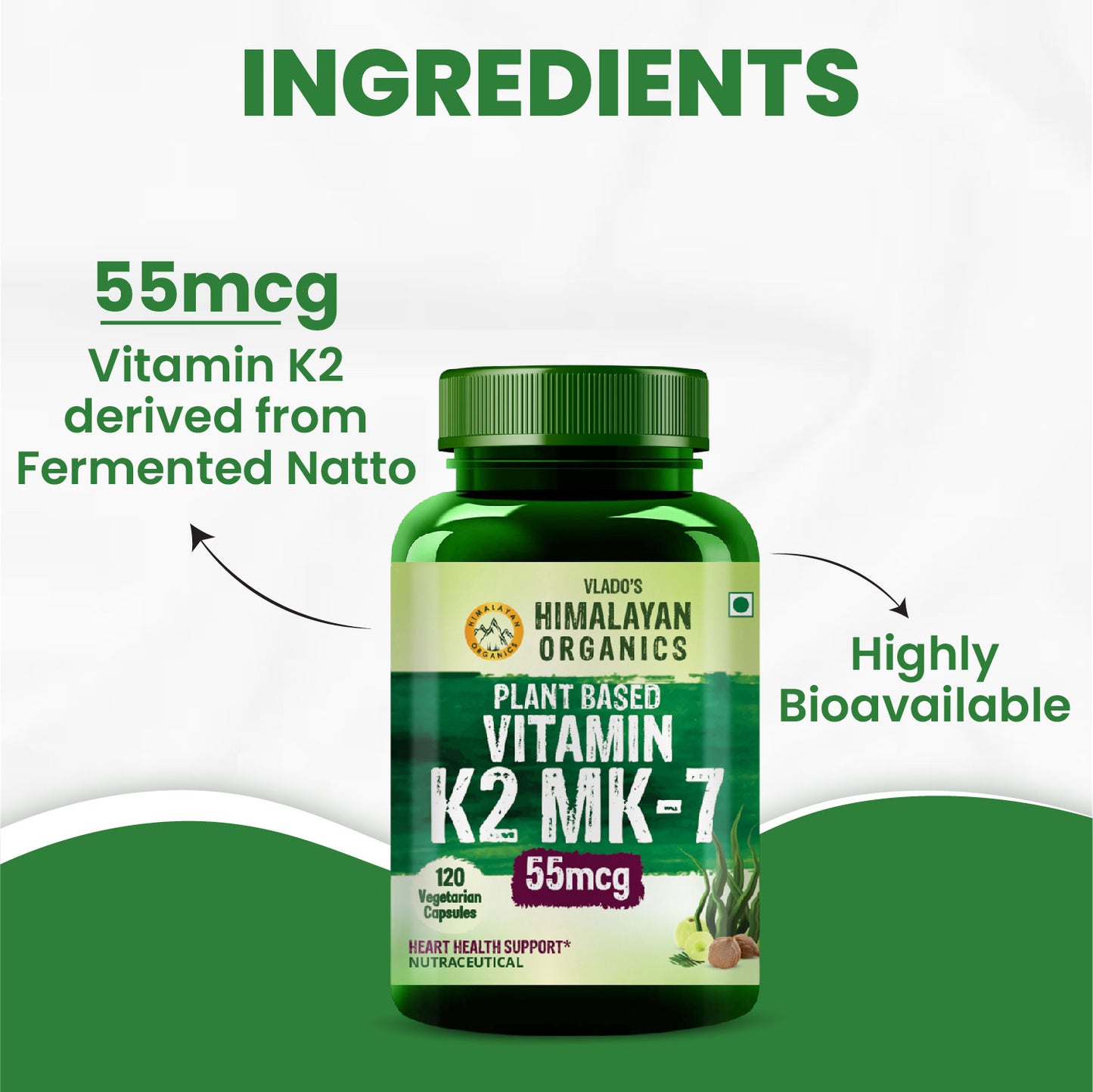 Vlado's Himalayan Organics Plant-Based Vitamin K2 MK- 7 Supplement 55 MCG / Serving - k2 supplements for Men & Women - 120 Veg Capsules