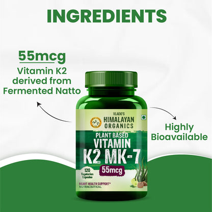 Vlado's Himalayan Organics Plant-Based Vitamin K2 MK- 7 Supplement 55 MCG / Serving - k2 supplements for Men & Women - 120 Veg Capsules