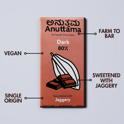 ANUTTAMA Dark Chocolate | 80% Cocoa | Natural Jaggery Sweetened | Dark Chocolate Bar | No Artificial Flavours and Colors | Natural Chocolate Bar ( 50g Pack of 1)