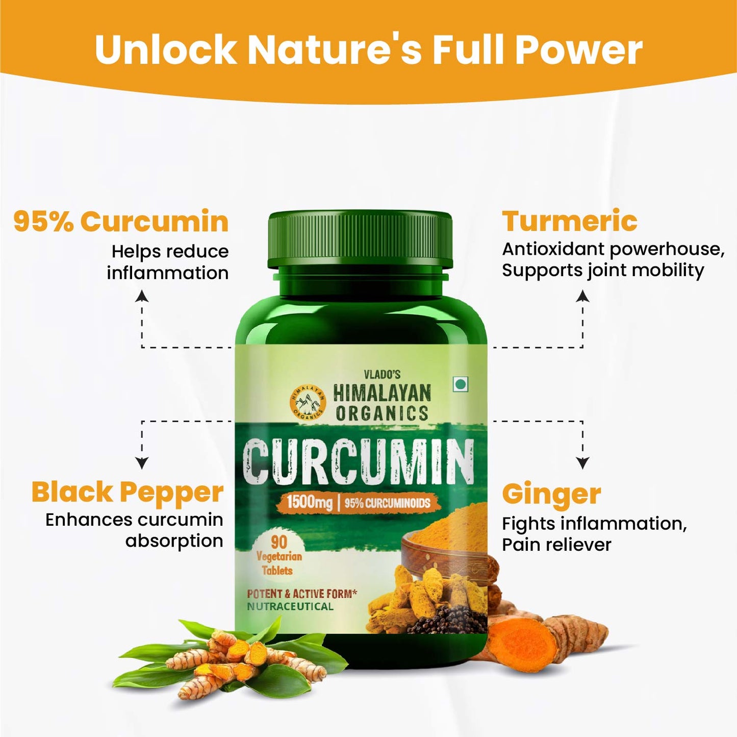 Vlado's Himalayan Organics Curcumin With Biopiperine 1500mg Tablets With 95% Curcuminoids Supplements 90 Veg Tablets