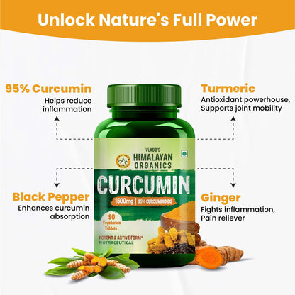 Vlado's Himalayan Organics Curcumin With Biopiperine 1500mg Tablets With 95% Curcuminoids Supplements 90 Veg Tablets