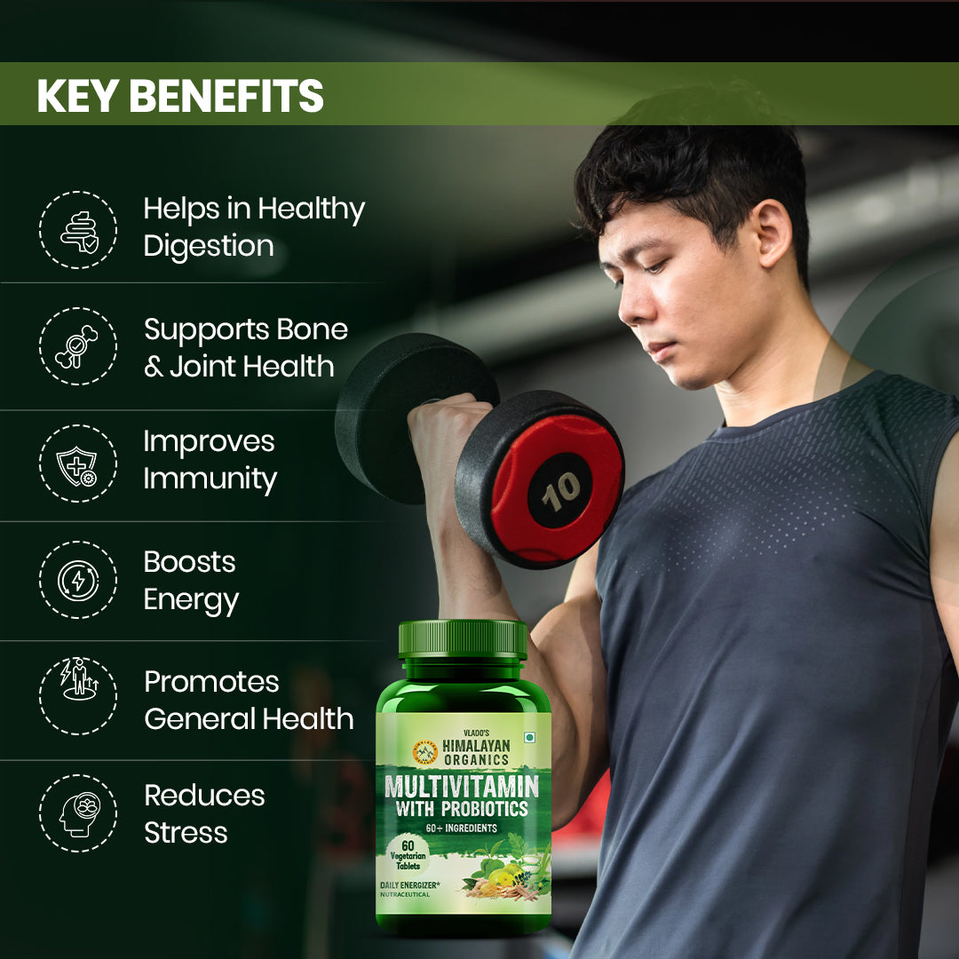 Vlado's Himalayan Organics Multivitamin with Probiotics (60 Tablets) 60 Ingredients for Men & Women with Vitamin C, D, E, B3, B12, Zinc, Giloy & Biotin