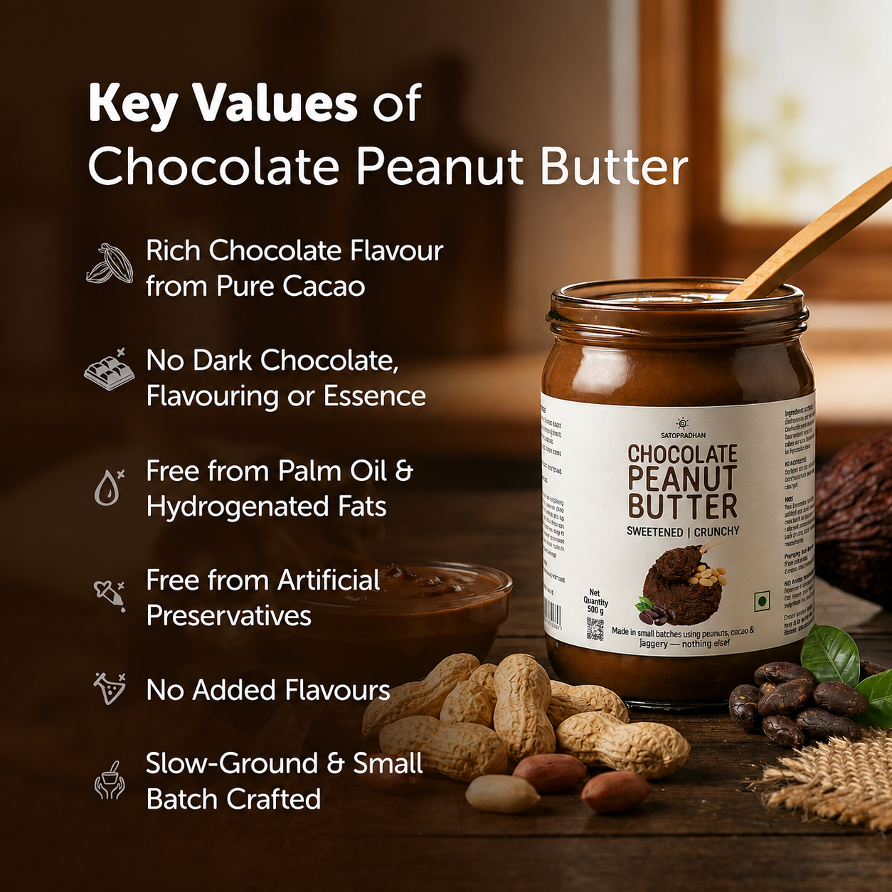 Dark Chocolate Peanut Butter 500g - Crunchy & Sweetened with Jaggery - Healthy Chocolate Spread
