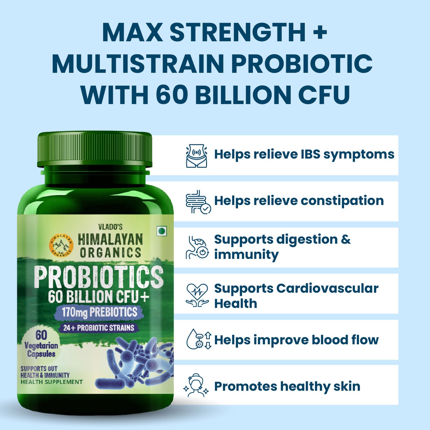 Vlado’s Himalayan Organics Probiotics Supplement 60 Billion CFU with 170mg Prebiotics & 24 Strains | Plant-Based Formula | 60 Veg Capsules