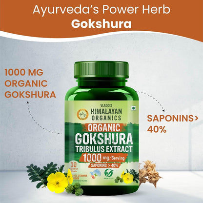 Vlado's Himalayan Organics Organic Gokshura Tablets | 1000 mg per Serving | Tribulus Terrestris for Men & Women | 60 Veg Tablets
