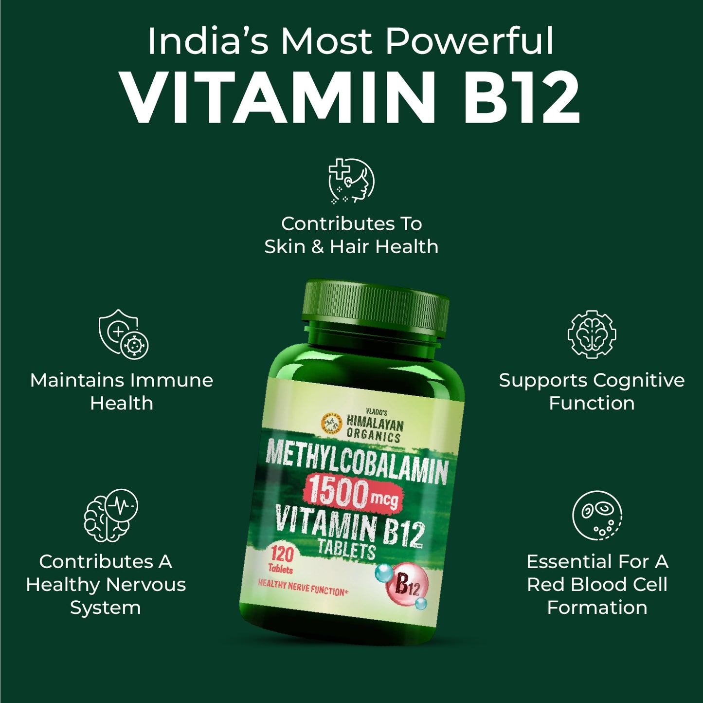 Vlado's Himalayan Organics Methylcobalamin Vitamin B12 Tablets 1500 mcg | 120 Vegetarian Tablets | 4 Months Supply