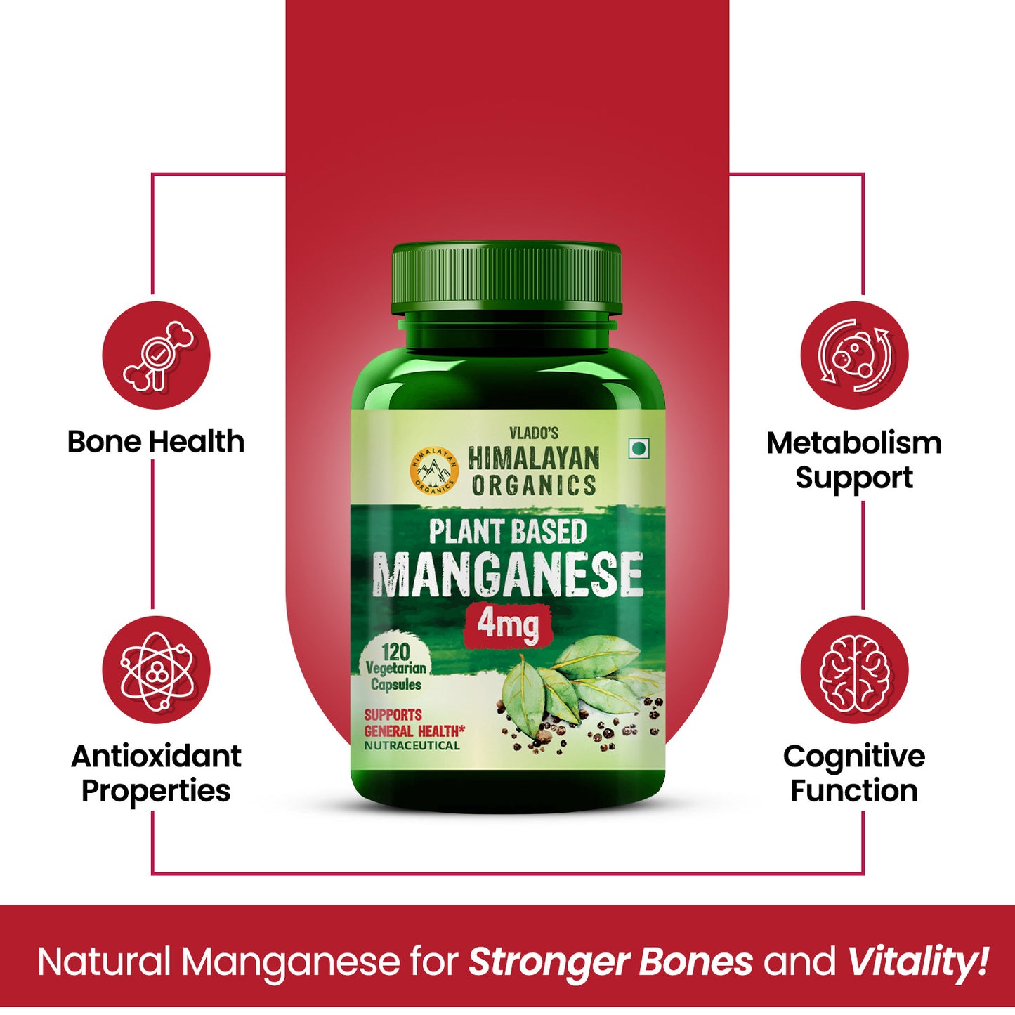 Vlado's Himalayan Organics Plant Based Manganese 4mg Supplement | Trace Mineral Supplement for Connective Tissue and Bones | Good For Skeletal Health Support - 120 Veg Capsules