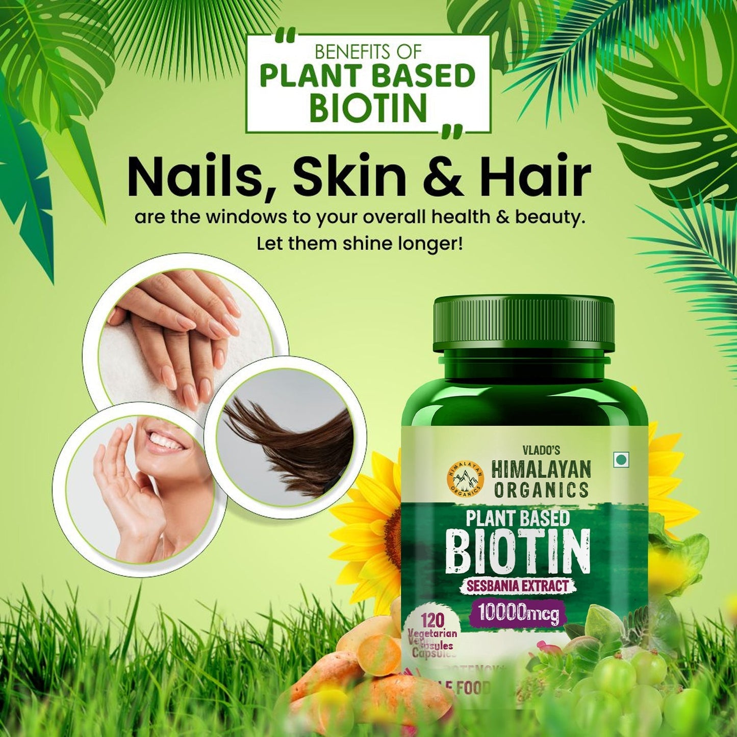 Vlado's Himalayan Organics Plant Based Biotin 10,000mcg/Serve- 120 Veg Capsules