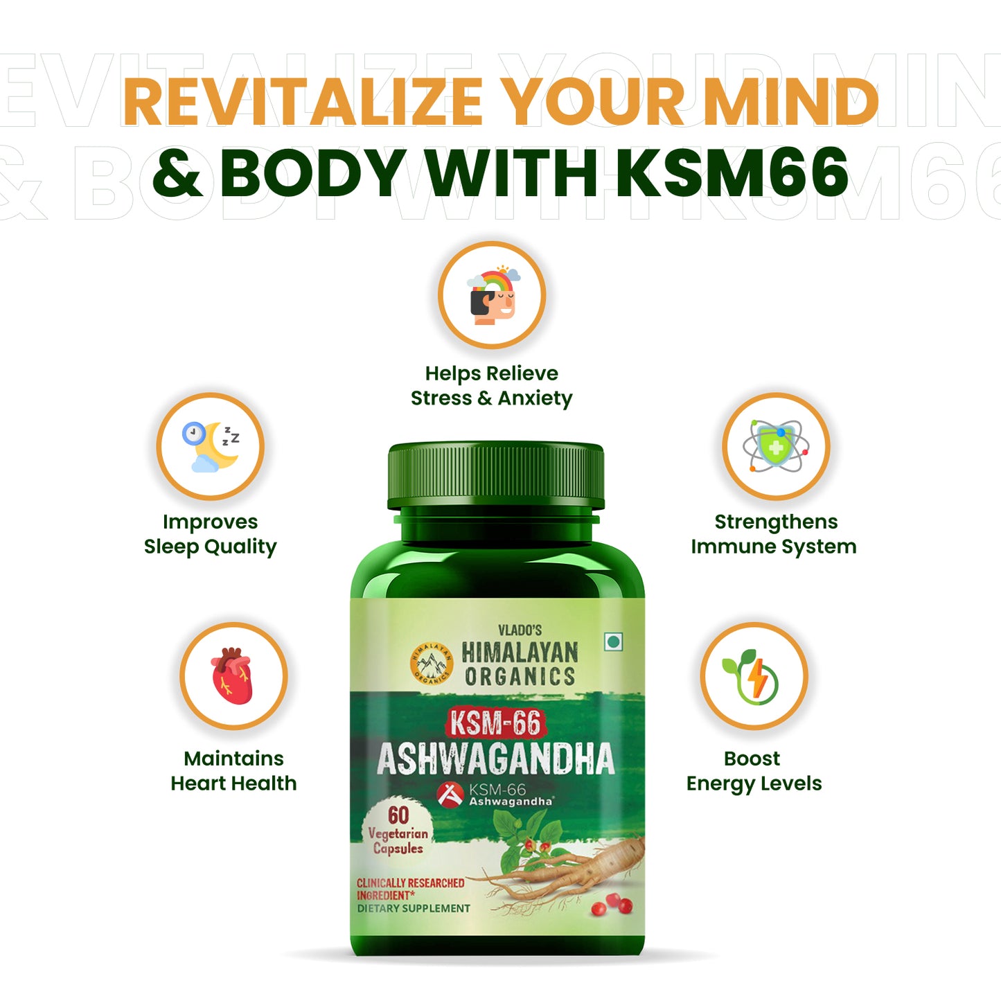 Himalayan Organics KSM - 66 Ashwagandha 1000Mg I KSM-66 I Boost Energy, Strength, Stamina | Helps Anxiety & Stress Relief For Men & Women (60 Capsules)