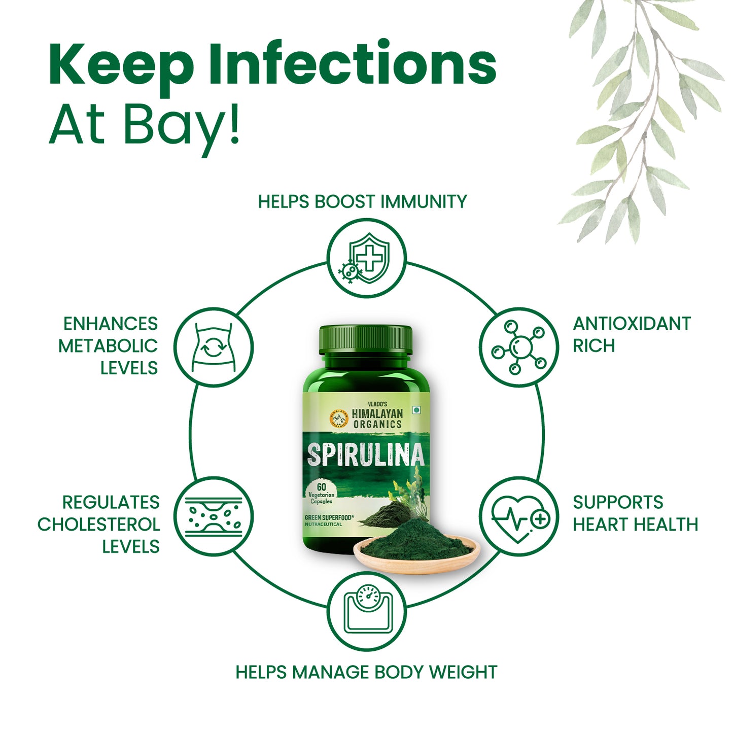 Vlado's Himalayan Organics Spirulina 2000mg Supplement | Green Food For Good Health Weight Management And Immunity Booster | Helps In Healthy Heart - 60 Vegetarian Capsules