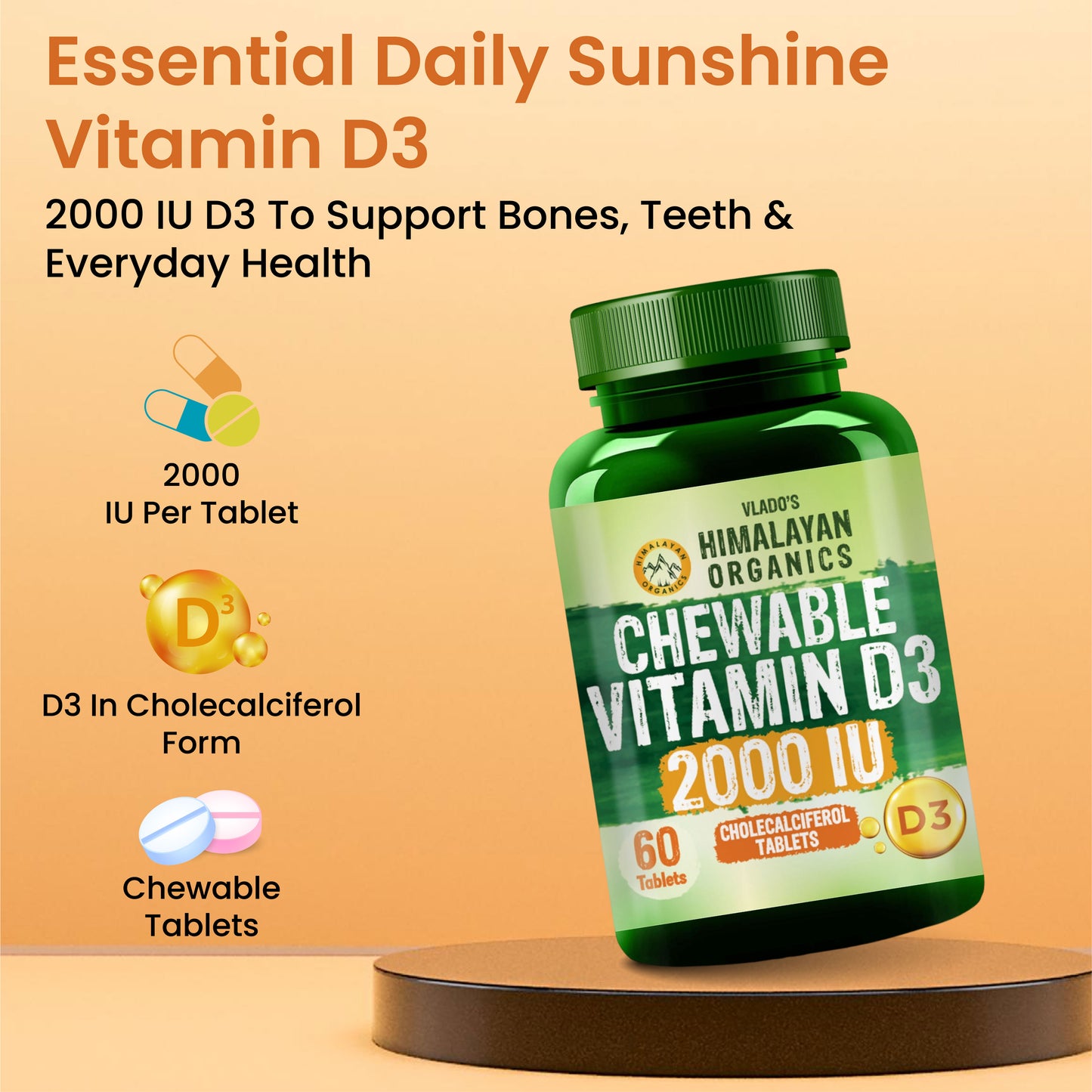 Vlado's Himalayan Organics Vitamin D3 2000 IU Chewable Tablets | Cholecalciferol | Orange Flavour | Dietary Supplement for Men & Women | 60 Tablets