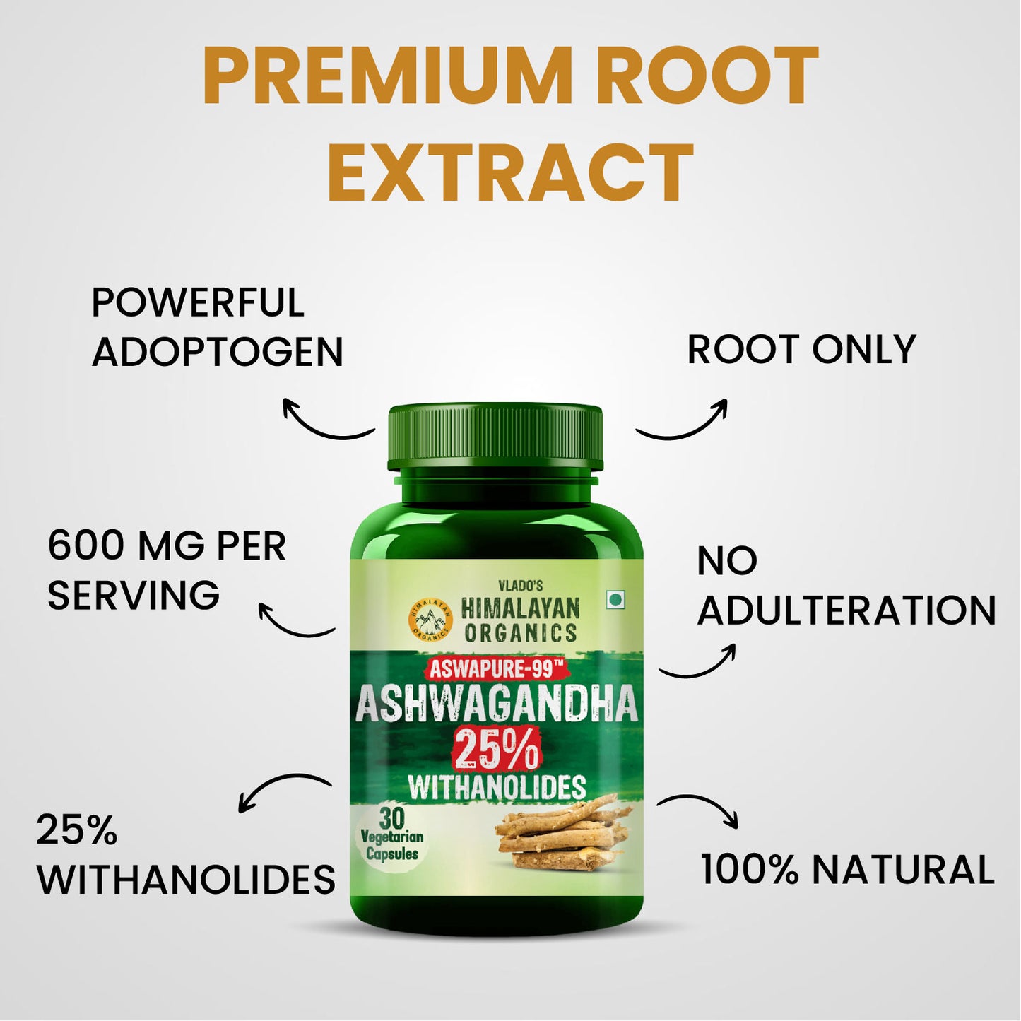 Vlado’s Himalayan Organics Ashwagandha 25% Withanolides – High-Potency 600 mg Extract – Lab-Tested | 30 Capsules