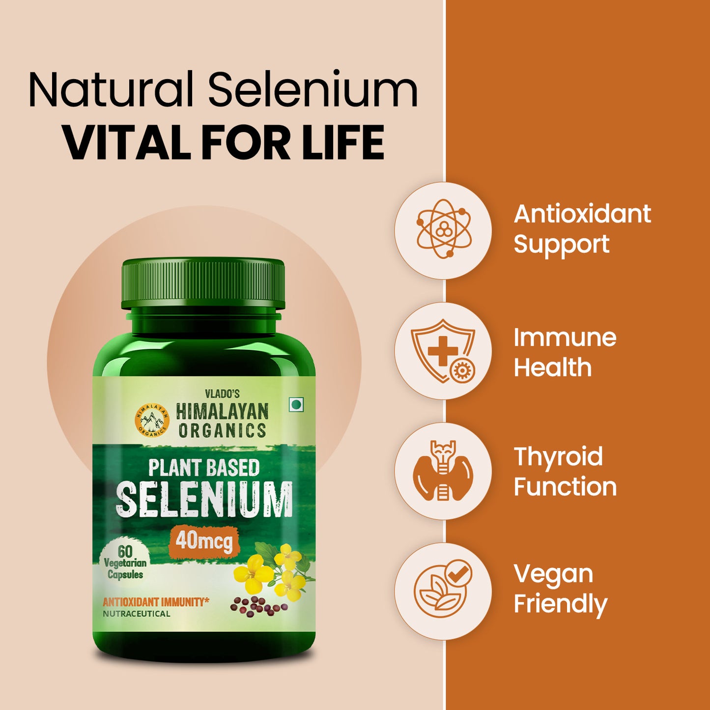 Vlado's Himalayan Organics Plant Based Selenium 40mcg | Good For immune Support | Promote Heart Health And Cardiovascular System - 60 Veg Capsules