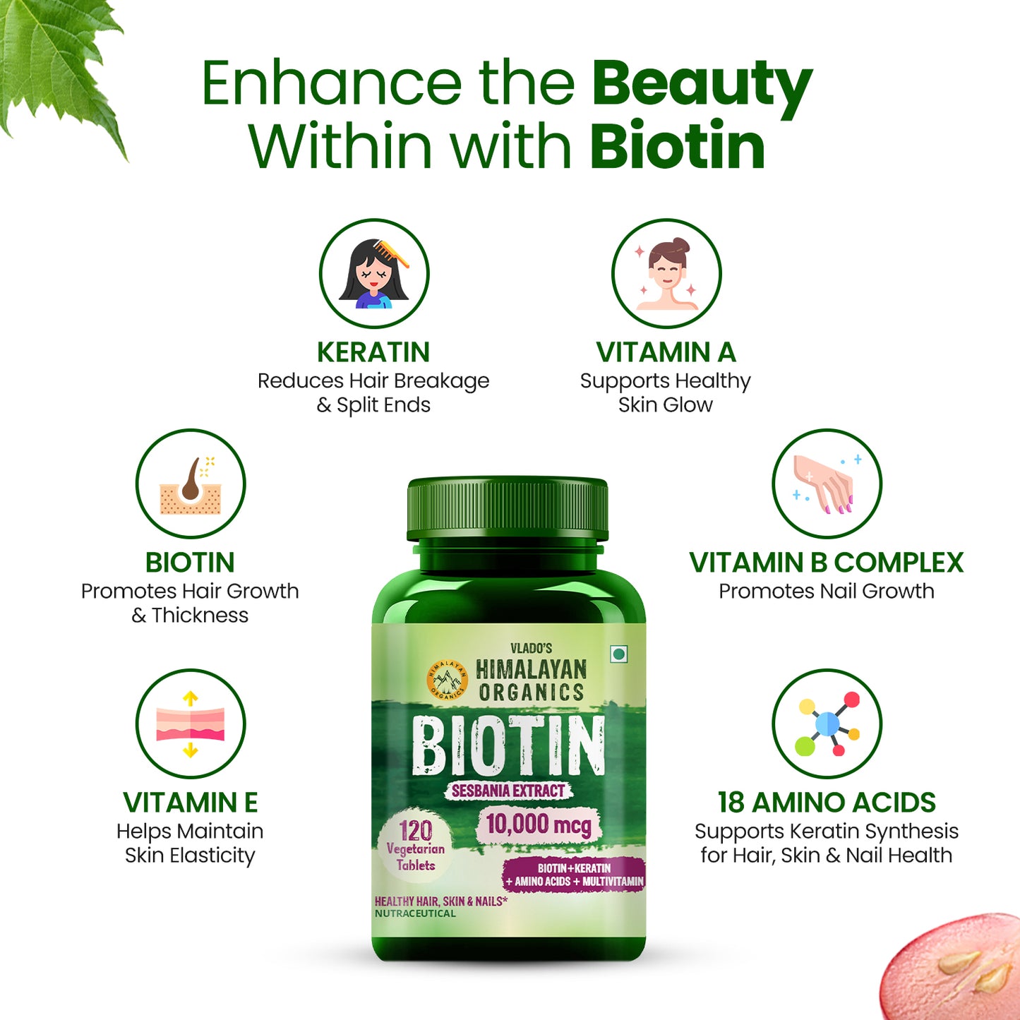 Vlado's Himalayan Organics Biotin 10,000 mcg Supplement with Keratin, Amino Acids & Multivitamin - 120 Veg Tablets