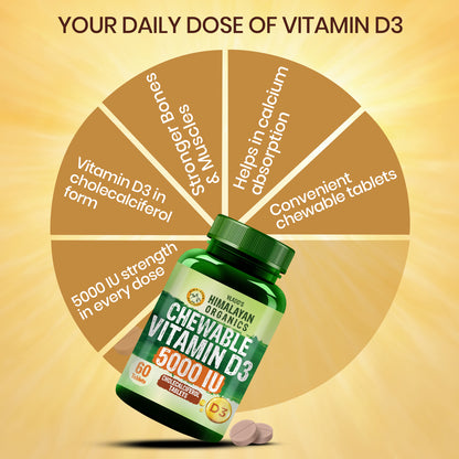 Vlado's Himalayan Organics Vitamin D3 5000 IU Chewable Tablets | Cholecalciferol | Orange Flavour | Dietary Supplement for Men & Women | 60 Tablets