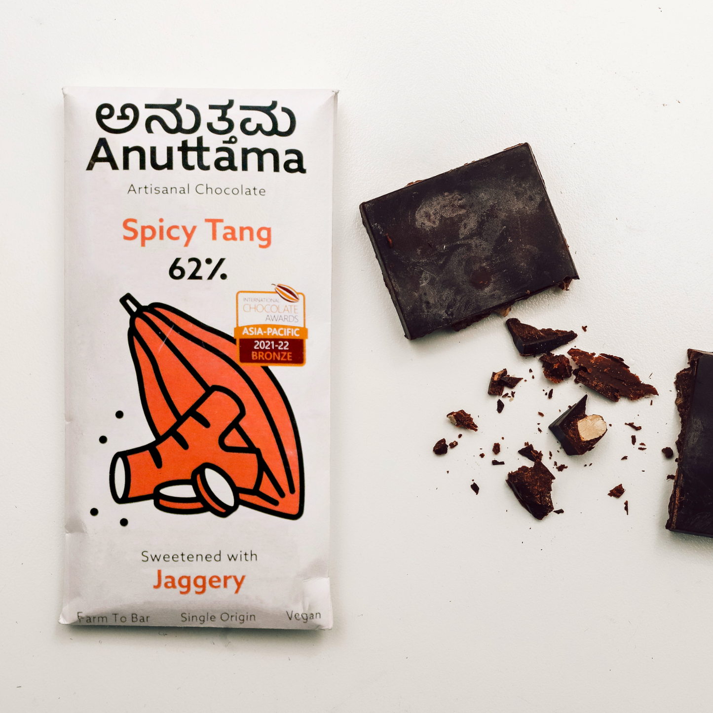 ANUTTAMA Dark Chocolate | 62% Cocoa Spicy Tang | Natural Jaggery | 50gm Pack of 2