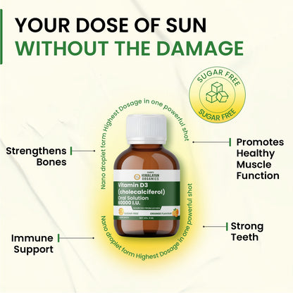 Vlado's Himalayan Organics Vitamin D3 60000 IU Shots | Cholecalciferol Vitamin D3 60000 IU Supplement I Sugar Free I Oral Solution I Vitamin D 60K for Men & Women – 5ml Each bottle - Orange Flavour - (Pack of 8)