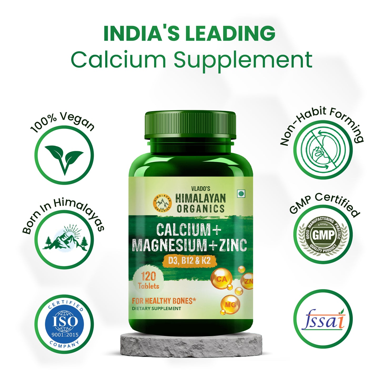 Vlado's Himalayan Organics Calcium Magnesium Zinc Vitamin D3 & B12- 120 Vegetarian Tablets