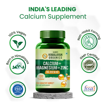 Vlado's Himalayan Organics Calcium Magnesium Zinc Vitamin D3 & B12- 120 Vegetarian Tablets