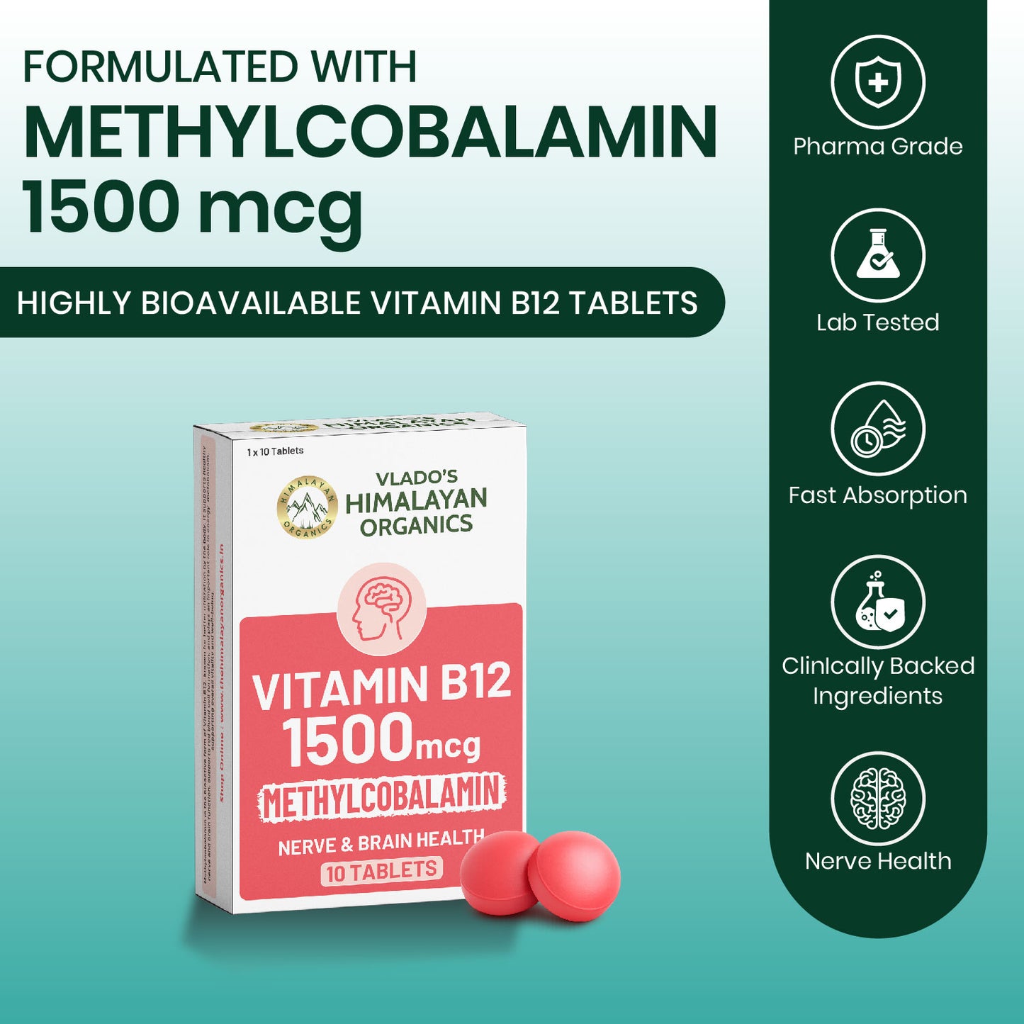 Vlado's Himalayan Organics Methylcobalamin Vitamin B12 1500 mcg | Dietary Supplement for Men & Women | 10 Tablets (1 Strip)