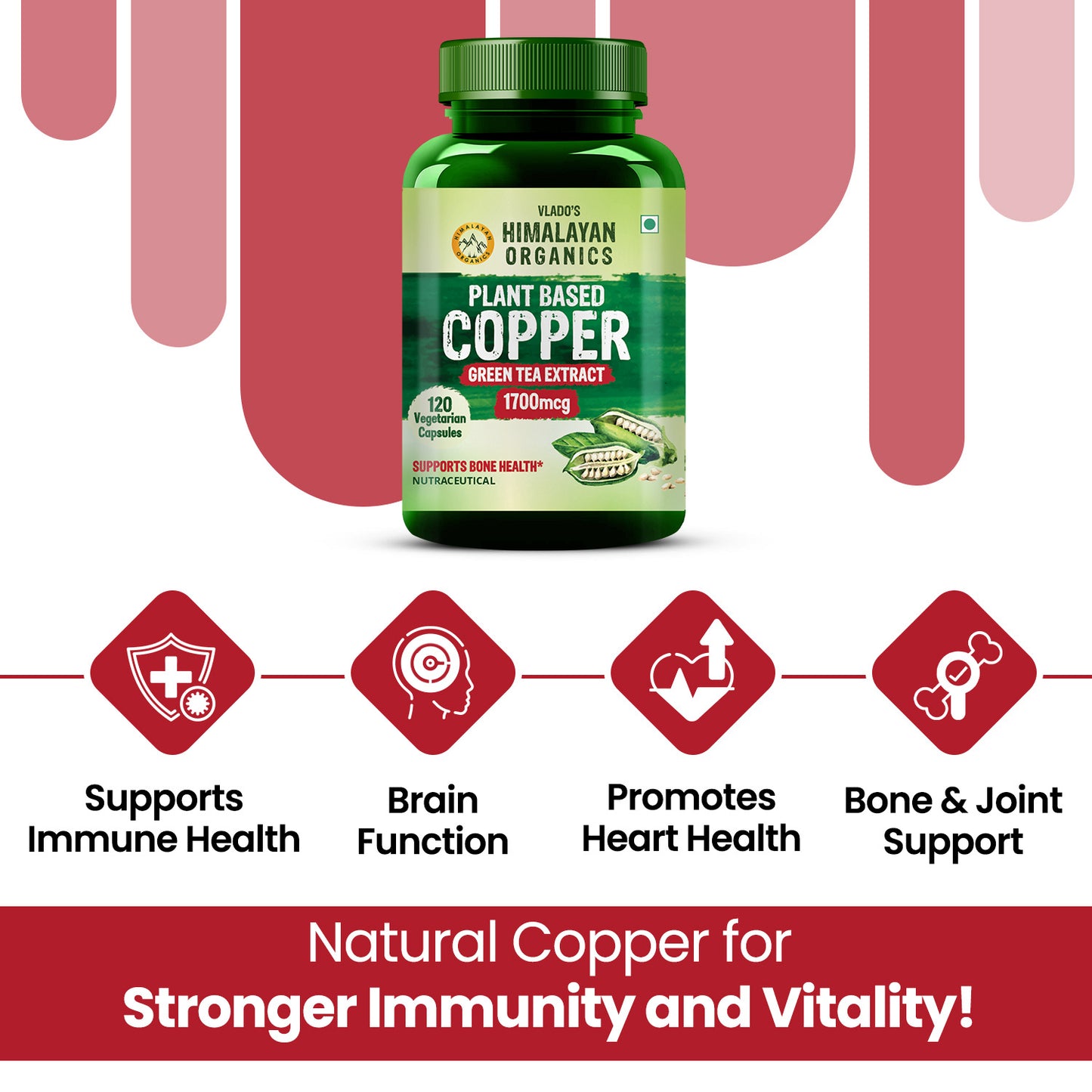 Vlado's Himalayan Organics Plant Based Copper 1700mcg with Green Tea Extract | Support Connective Tissues | Good For Bone Health - 120 Veg Capsules