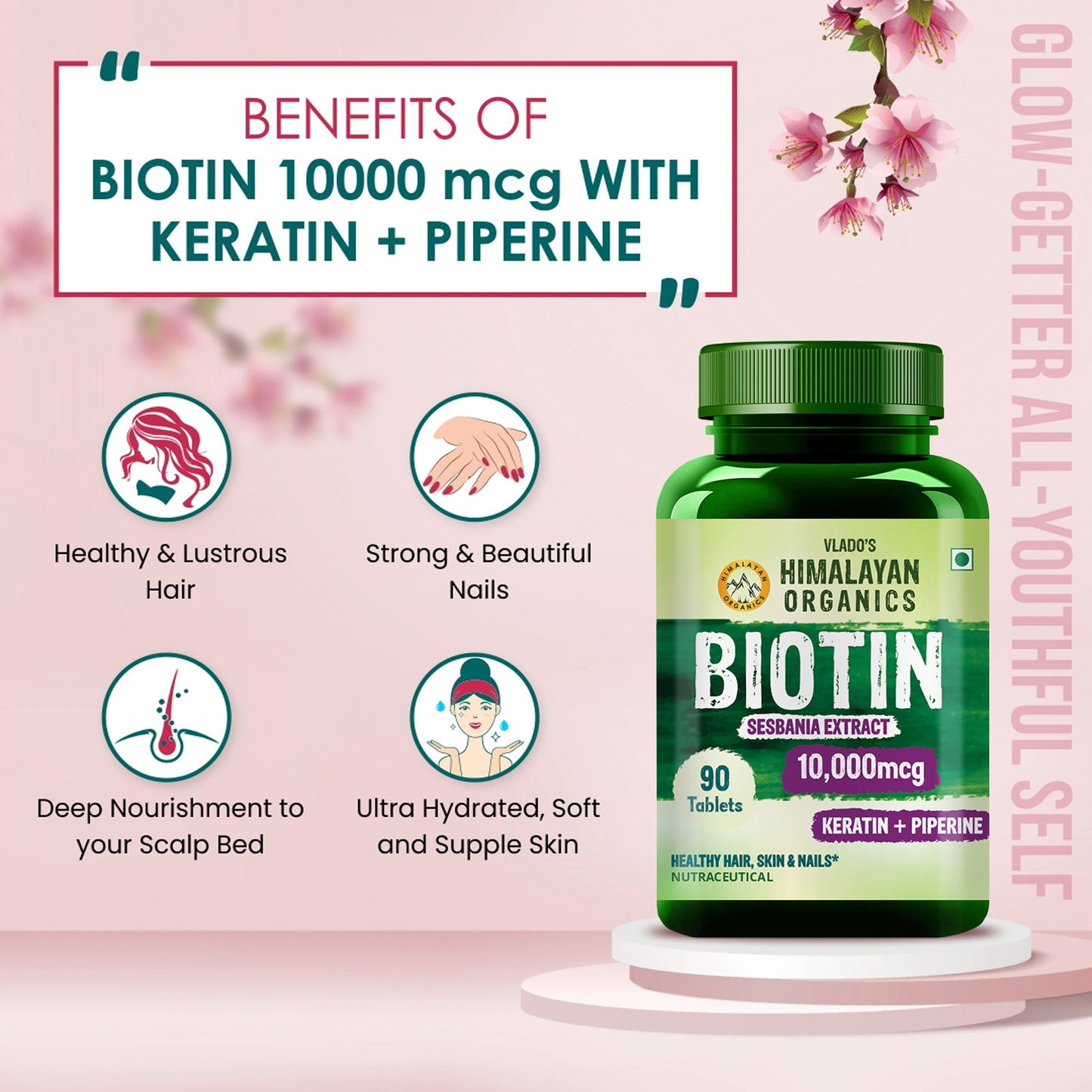 Vlado's Himalayan Organics Biotin 10,000mcg with Keratin + Piperine Supplement For Healthy Hair, Skin & Nails - 90 Veg Tablets