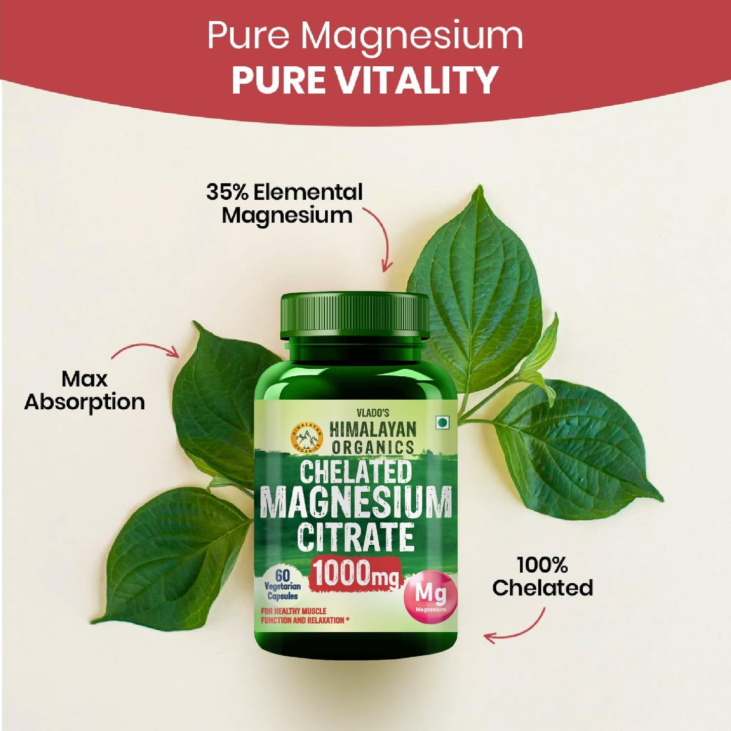 Vlado's Himalayan Organics Magnesium Citrate 1000 mg | 35% Elemental Magnesium | Mineral Supplement for Men & Women | 60 Vegetarian Capsules