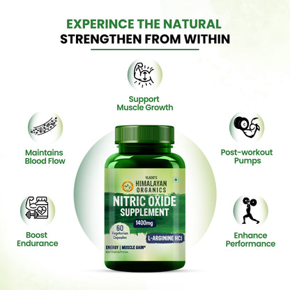 Vlado's Himalayan Organics Nitric Oxide Supplement with L- Arginine HCL 1400mg/Serve with Caffeine | Muscle Growth, Stamina, Recovery, Energy & Immunity | 60 Veg Capsules