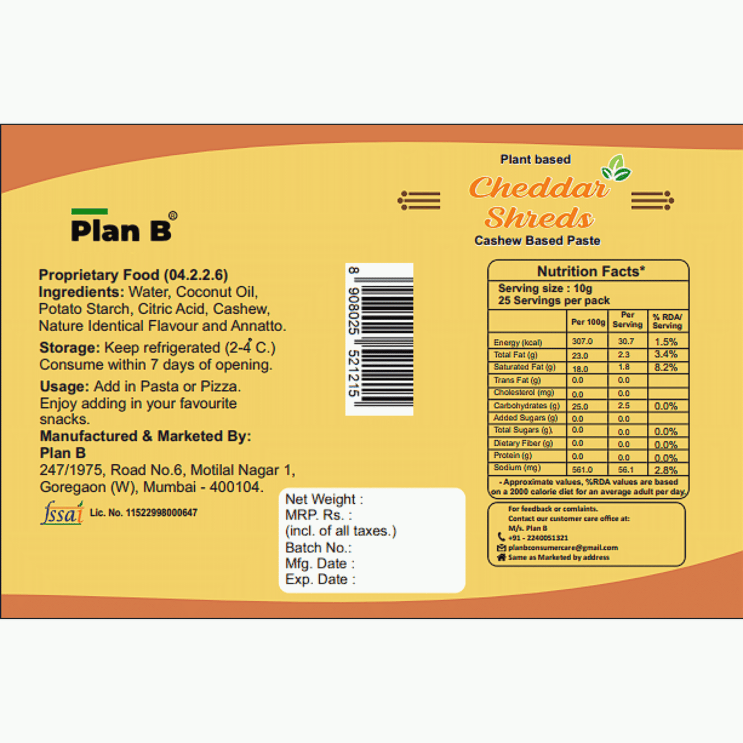 Plan B  Cheddar Shreds (200g) | Plant-Based, Dairy-Free, Lactose-Free, Gluten-Free | Melts Easily | Ideal for Pizza, Pasta & Sandwiches