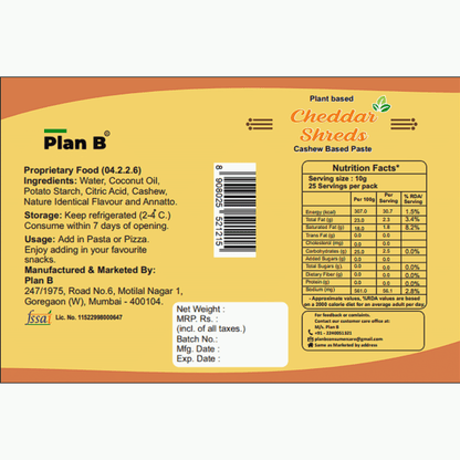 Plan B  Cheddar Shreds (200g) | Plant-Based, Dairy-Free, Lactose-Free, Gluten-Free | Melts Easily | Ideal for Pizza, Pasta & Sandwiches