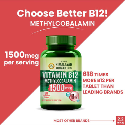 Vlado's Himalayan Organics Methylcobalamin Vitamin B12 1500mcg - 90 Veg Tablets