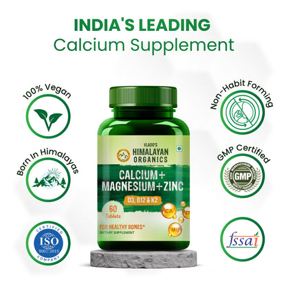 Vlado's Himalayan Organics Calcium Magnesium Zinc Vitamin D3 & B12- 60 Vegetarian Tablets