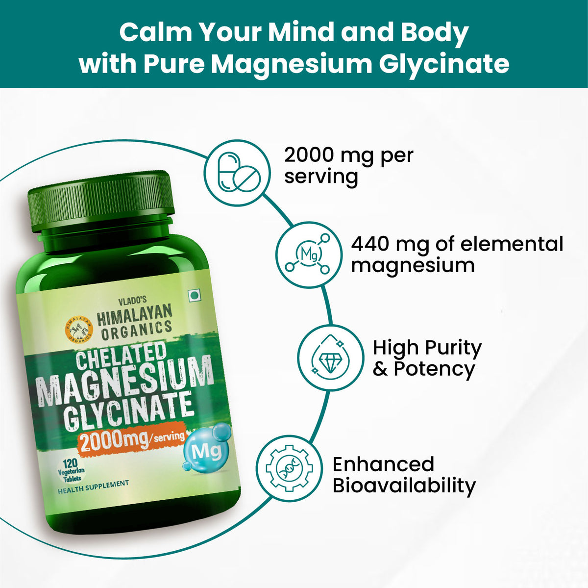 Vlado's Himalayan Organics Chelated Magnesium Glycinate | 120 Vegan Tablets