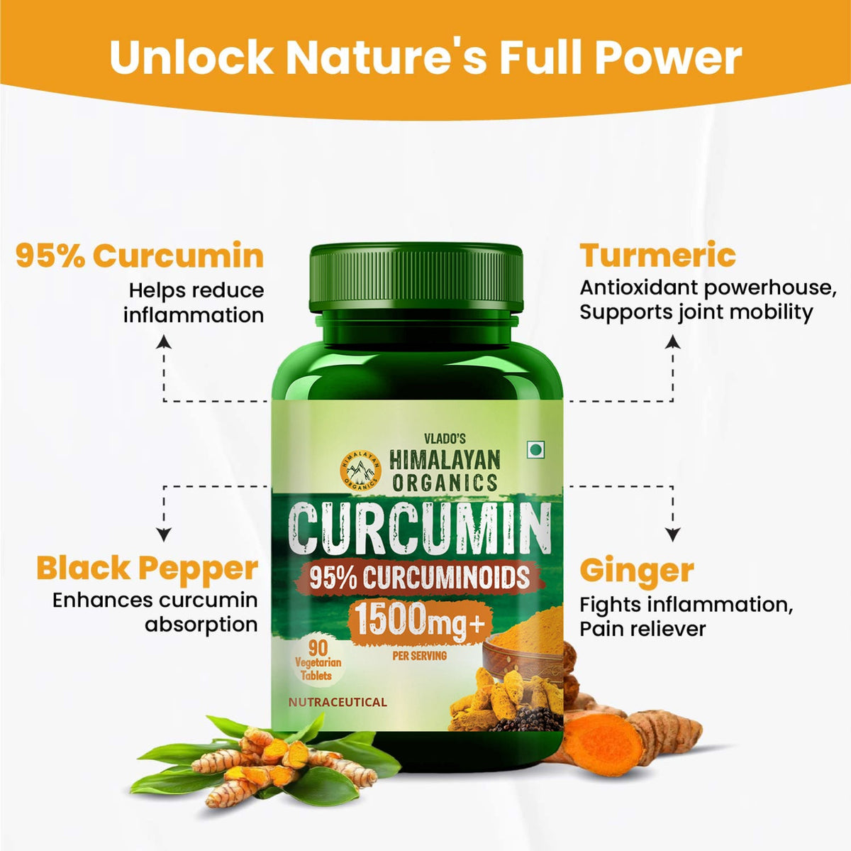Vlado's Himalayan Organics Curcumin With Biopiperine 1500mg Tablets With 95% Curcuminoids Supplements 90 Veg Tablets