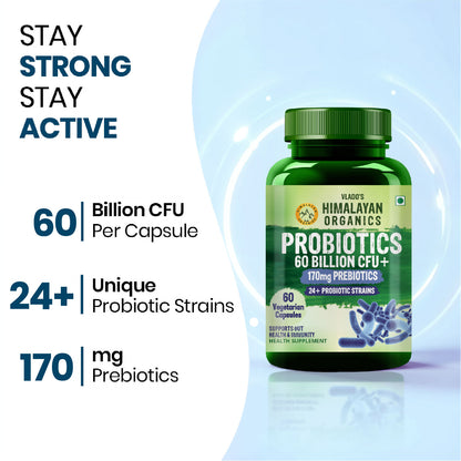 Vlado’s Himalayan Organics Probiotics Supplement 60 Billion CFU with 170mg Prebiotics & 24 Strains | Plant-Based Formula | 60 Veg Capsules