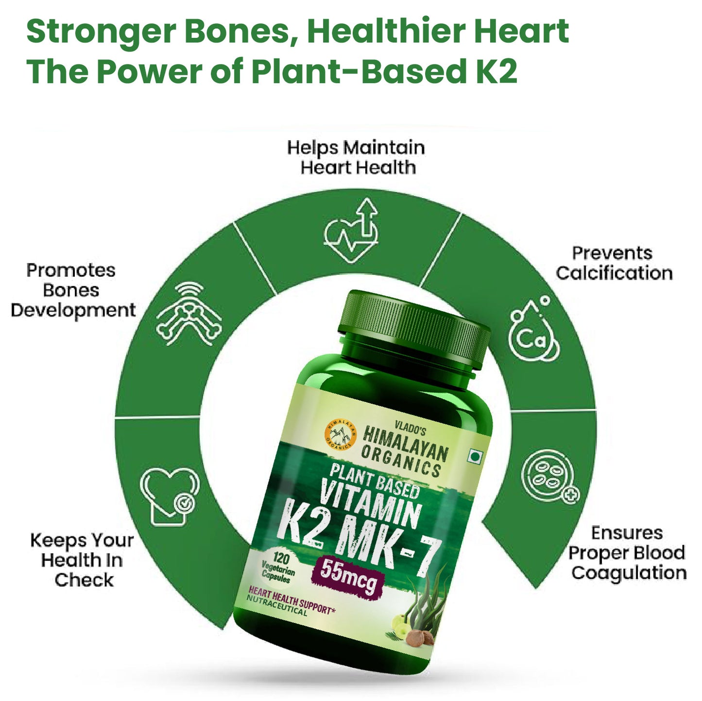 Vlado's Himalayan Organics Plant-Based Vitamin K2 MK- 7 Supplement 55 MCG / Serving - k2 supplements for Men & Women - 120 Veg Capsules
