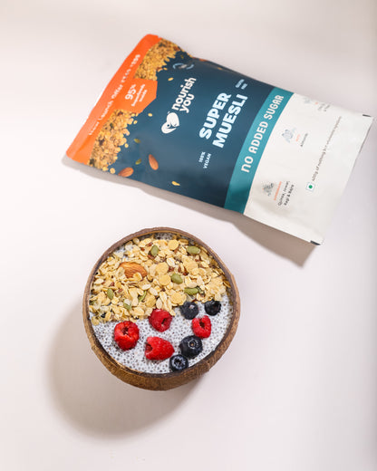 Nourish You No Added Sugar Quinoa Super Muesli with Nuts & Seeds | Breakfast Muesli | Quinoa , Ragi , Bajra & Jowar | Almonds , Pumpkin , Watermelon & Flax | High Protein Healthy Breakfast Cereal | No Artificial Sweeteners | No Added Flavours | 400G