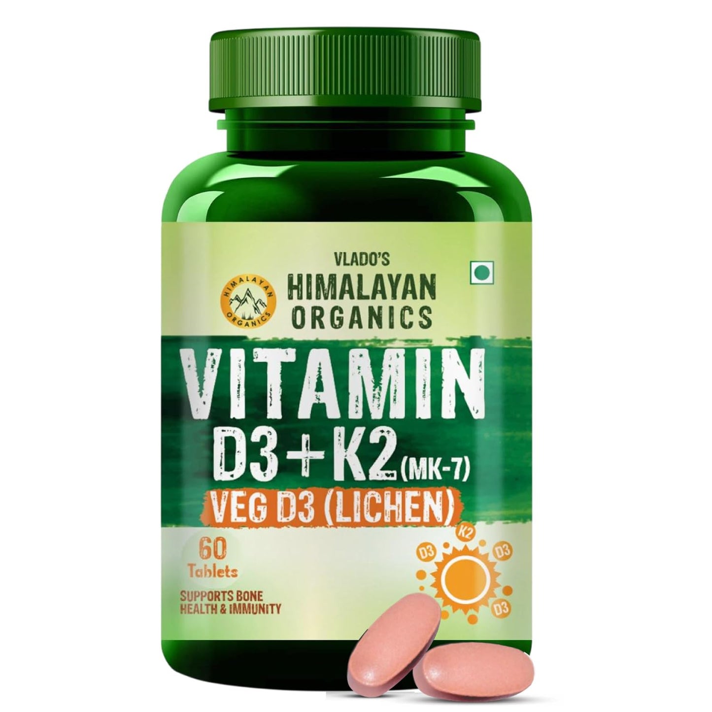 Vlado's Himalayan Organics Vitamin D3 K2 Tablets 600 IU with K2 MK7 55 mcg | Lichen Source Plant-Based Vitamin D3 | 60 Vegetarian Tablets